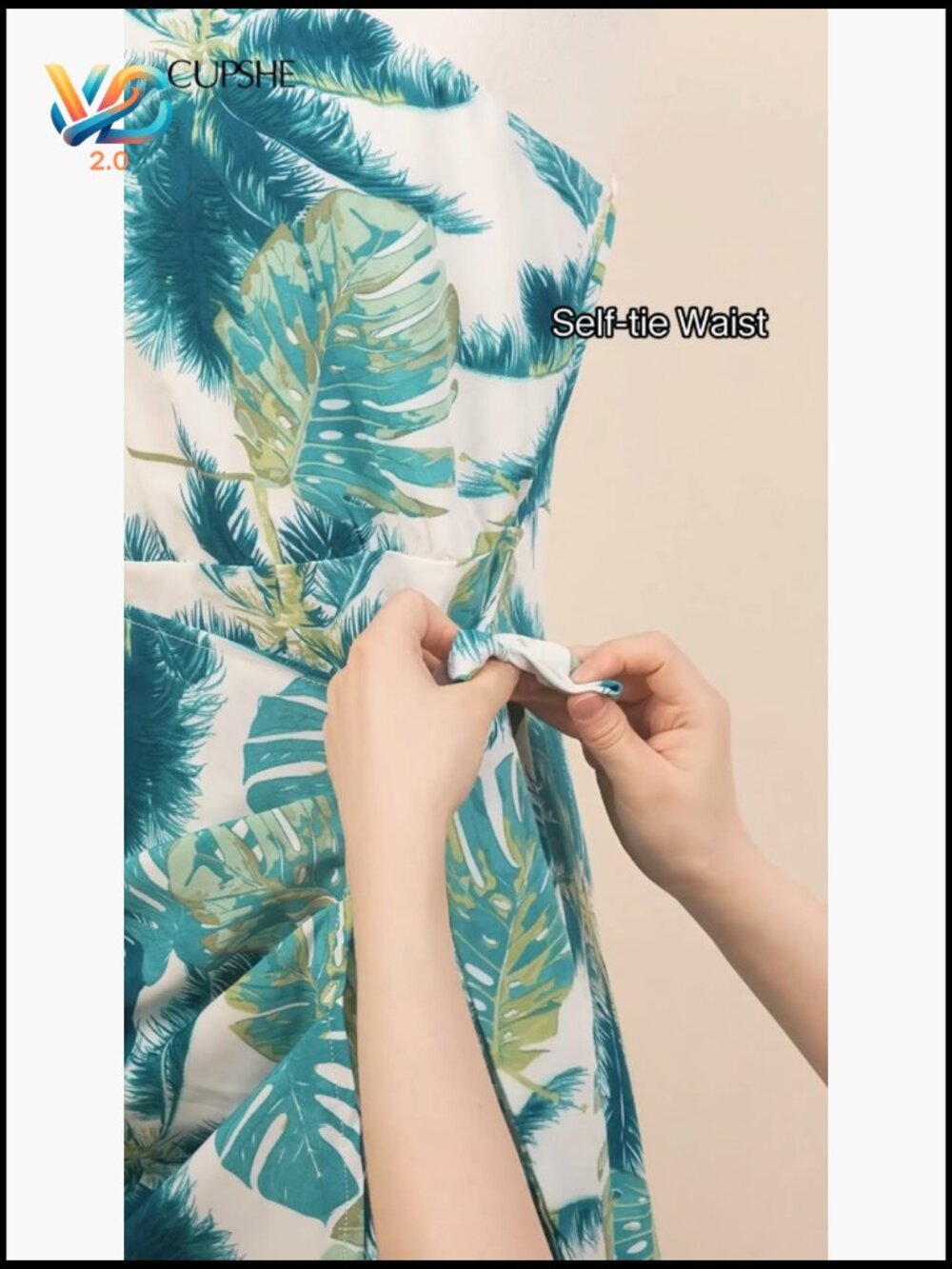 One Shoulder Leaf Print Self-tie Short Dress Sleeveless Tiered Hem - Picture 7 of 7